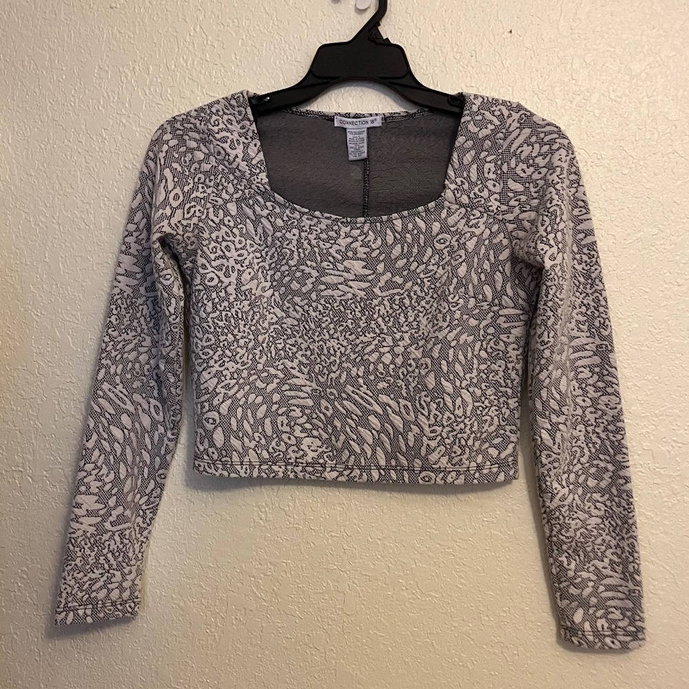 Connection 18 Crop Top Women's Gray White Square Neck Long Sleeve - Size L